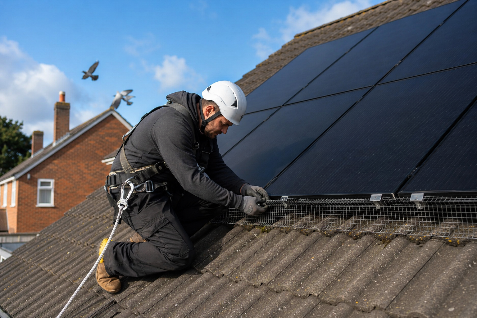 Engineer fitting Solar Panel Bird Proofing Installation